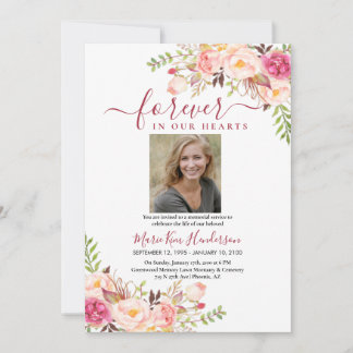 Blush Pink Boho Memorial Service Funeral Photo Invitation