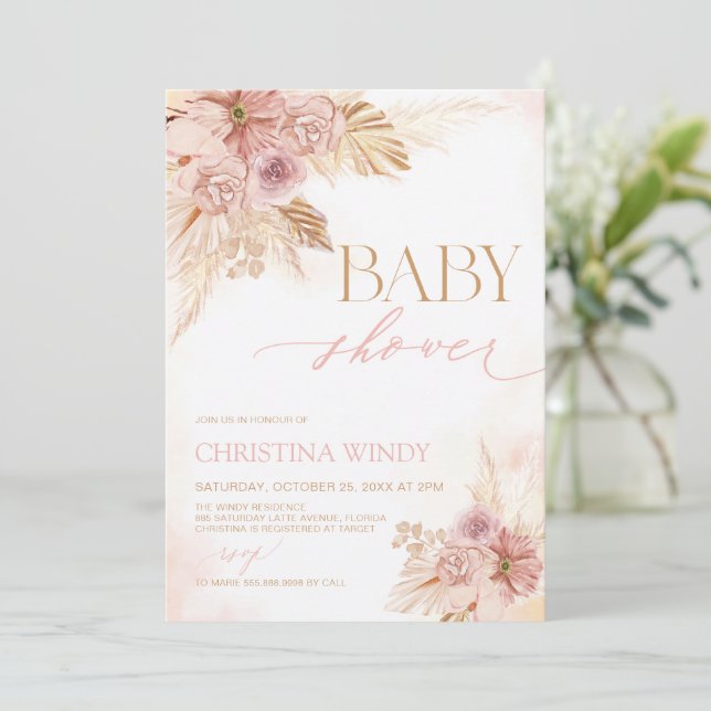 Blush Pink Boho Pampas Grass Baby Shower Girl Invitation (Standing Front)