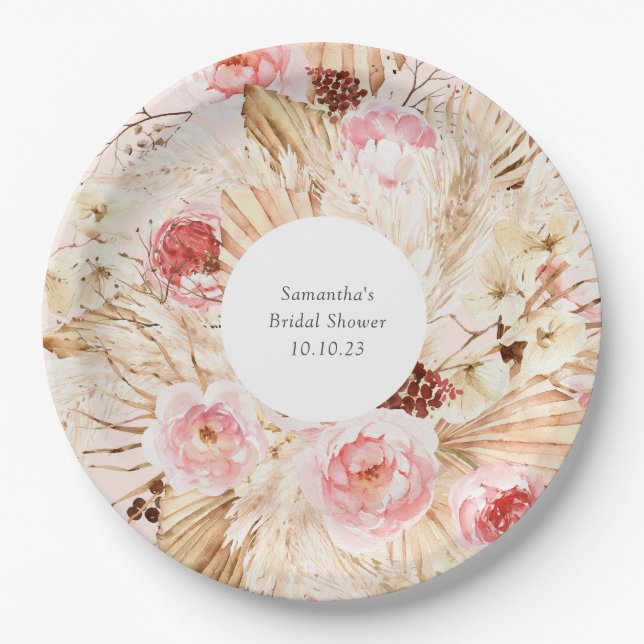 Blush pink boho pampas grass floral pattern  paper plate (Front)