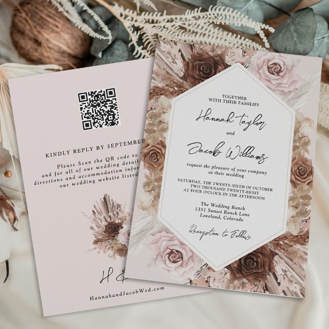 Blush Pink Boho Pampas Grass QR Code RSVP Wedding Invitation (Creator Uploaded)