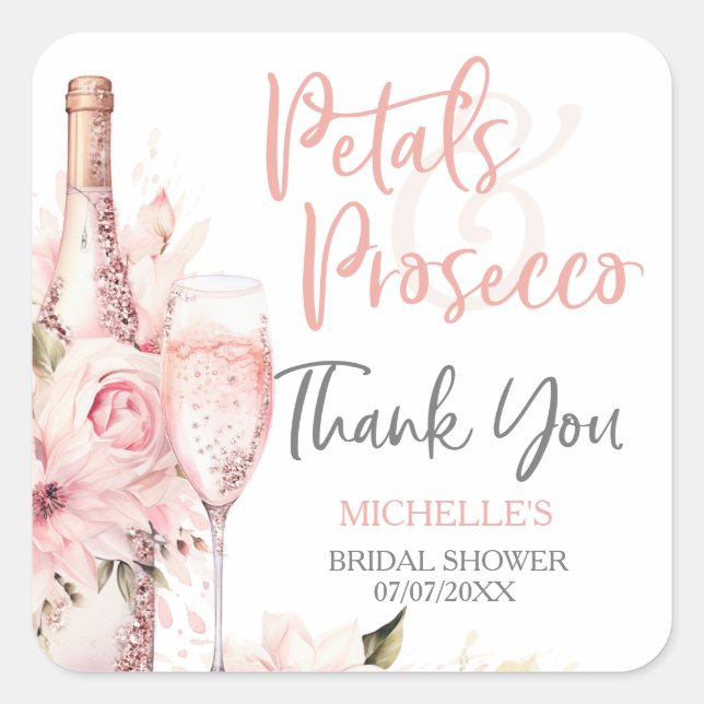 Blush Pink Boho Petals Prosecco Floral Thank You Square Sticker (Front)