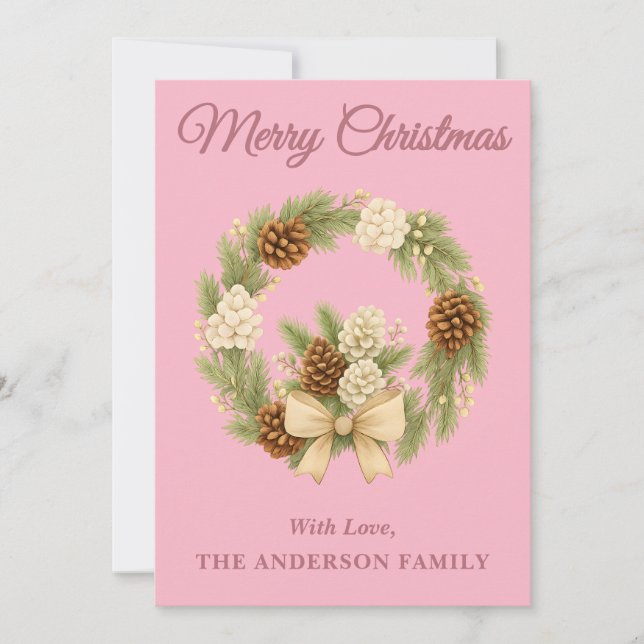 Blush Pink Boho Pine Greenery Wreath Holiday Card (Front)