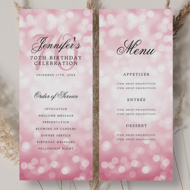 Blush Pink Bokeh 70th Birthday Program Menu Invitation (Blush Pink Bokeh 70th Birthday Program Menu)