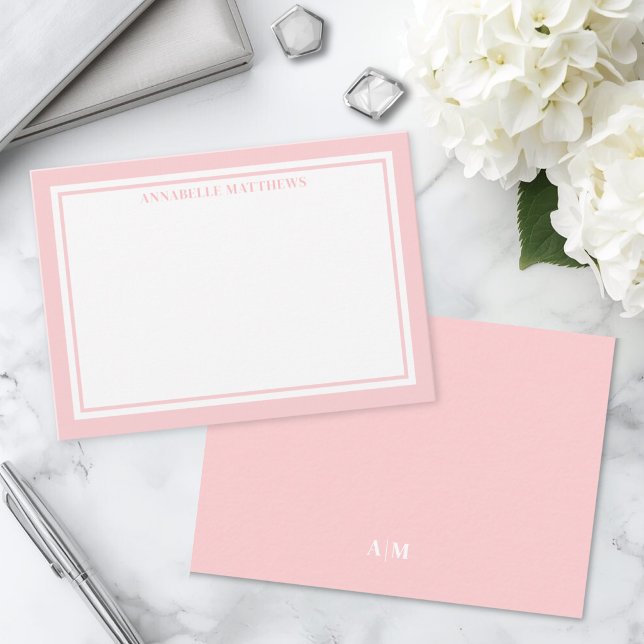 Blush Pink Border Minimalist Monogram Card (Pink Border Minimalist Name Monogram Note Card )