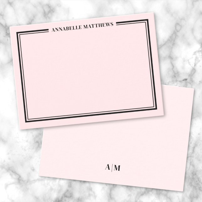 Blush Pink Border Minimalist Name Monogram Card (Blush Pink Border Minimalist Name Monogram Note Card)