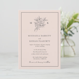 Blush Pink Botanical Flower Monogram Wedding  Invitation