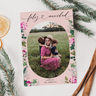 Blush Pink Botanical Photo Feliz Navidad Card