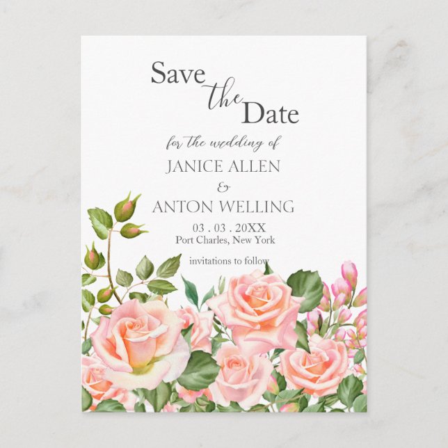 Blush Pink Botanical Wedding Save the Date Postcard (Front)