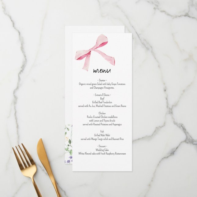 Blush pink bow and flowers Menu card custom names (Front/Back In Situ)