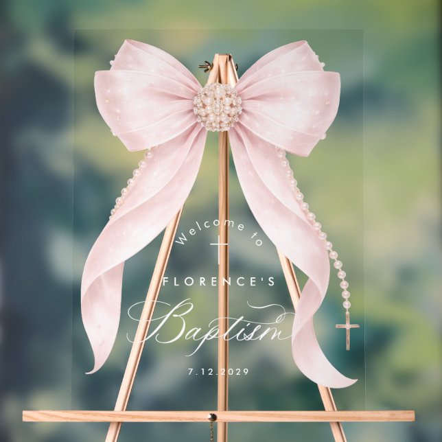 Blush pink Bow baby Girl Baptism Welcome Acrylic Sign (Neutral)