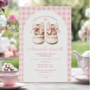 Blush Pink Bow Baby Shoes Gingham Arch Baby Shower Invitation
