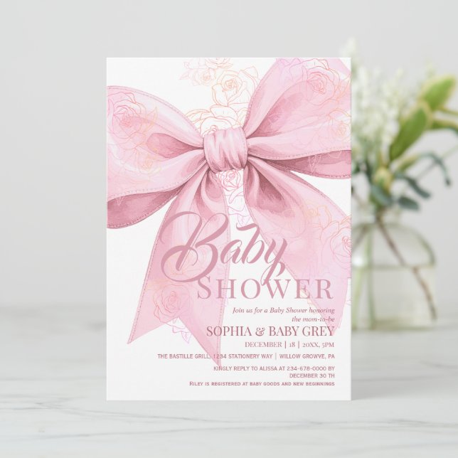 Blush Pink Bow Baby Shower  Invitation (Standing Front)