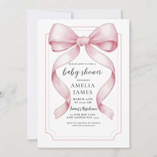 Blush Pink Bow Baby Shower Invitation Editable (Front)