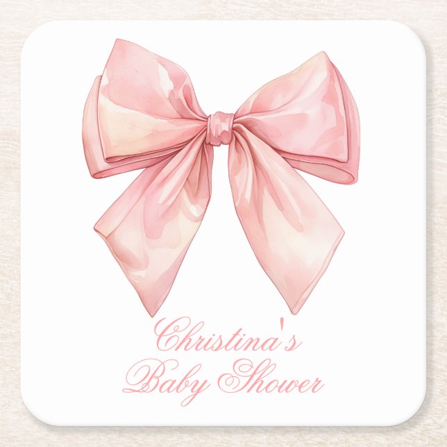 Blush Pink Bow Baby Shower Square Paper Coaster (Front)