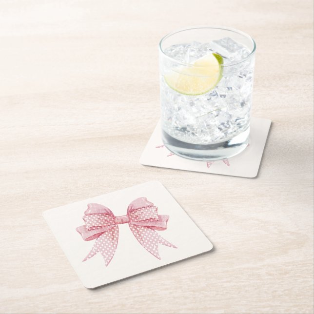 Blush Pink Bow Birthday  Square Paper Coaster (Insitu)