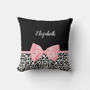 Blush Pink Bow Black White Leopard Print Pattern Cushion