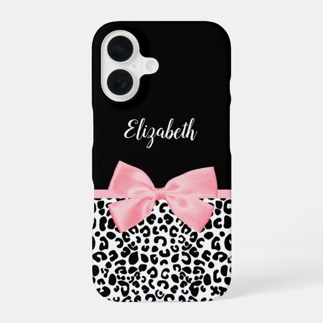 Blush Pink Bow Black White Leopard Print Pattern iPhone 16 Case (Back)