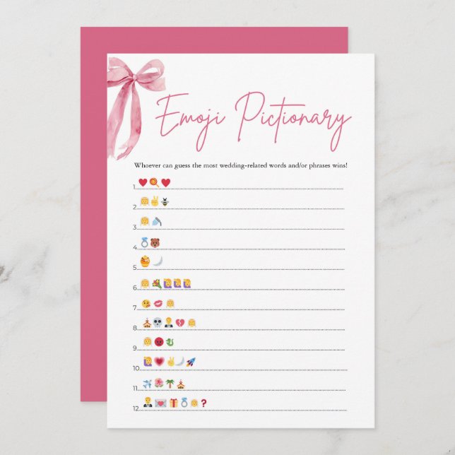 Blush Pink Bow Bridal Shower Emoji Pictionary Game Invitation (Front/Back)