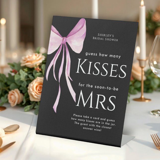Blush Pink Bow Bridal Shower Guess How Many Kisses Pedestal Sign (Creator Uploaded)