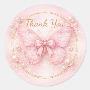  Blush Pink Bow Butterfly Thank You Classic Round Sticker