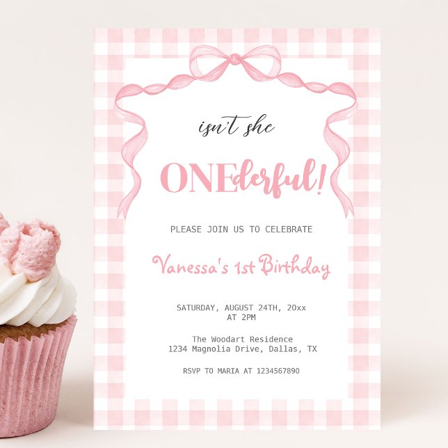 Blush Pink Bow Coquette Onederful 1st Birthday Invitation (Creator Uploaded)