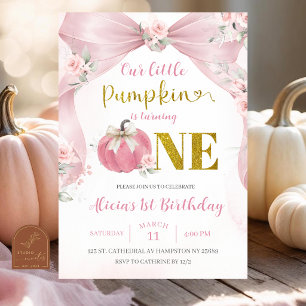 Blush Pink Bow Coquette Pumpkin 1st birthday Invitation