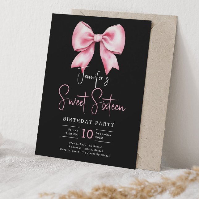 Blush Pink Bow Coquette Script Sweet 16 Black Invitation (Blush Pink Bow Coquette Script Sweet 16 Black Invitation)