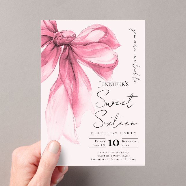 Blush Pink Bow Coquette Script Sweet 16 Party Acrylic Invitations (Insitu (Handheld))