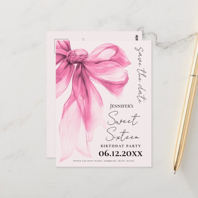 Blush Pink Bow Coquette Sweet 16 Save the Date  Postcard (Front/Back In Situ)