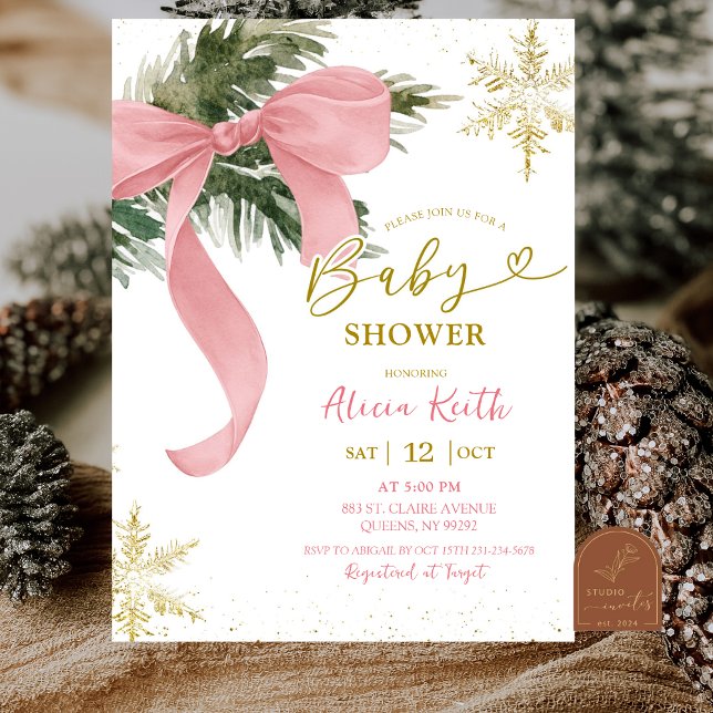 Blush Pink Bow Coquette Winter Baby Shower Invitation (Creator Uploaded)