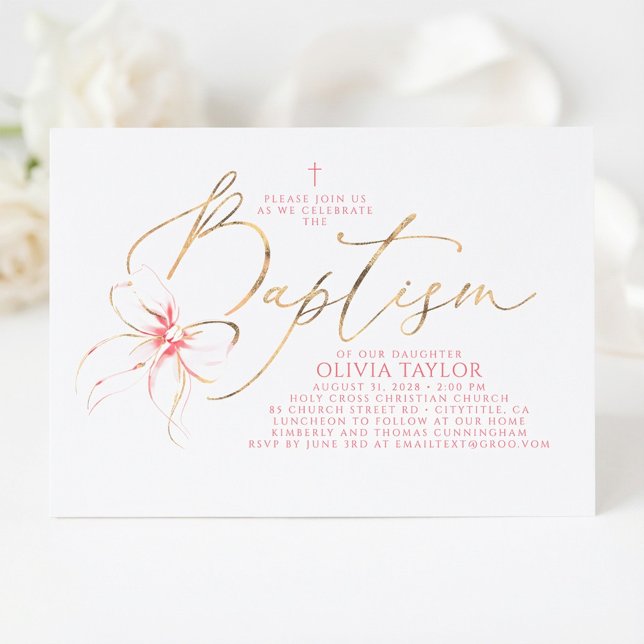 Blush Pink Bow Elegant Minimalist Girl Baptism Invitation (Pink Bow Girl Baptism Invitation)