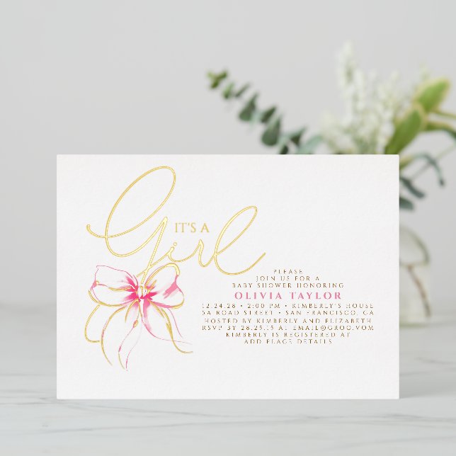 Blush Pink Bow Elegant Modern Girl Baby Shower (Standing Front)