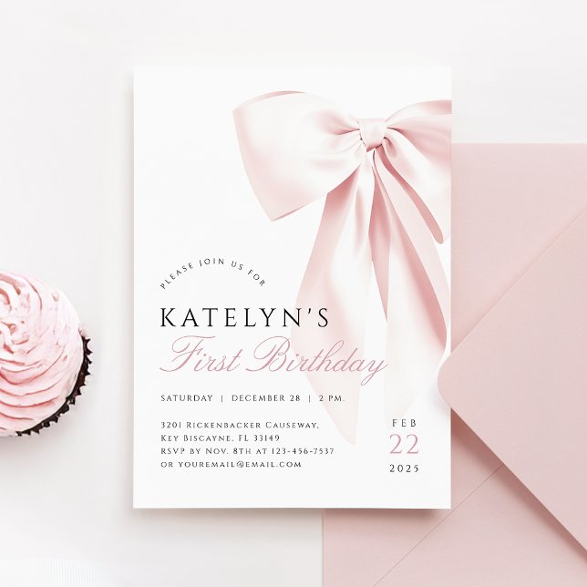 Blush Pink Bow First Birthday Invitation (Creator Uploaded)