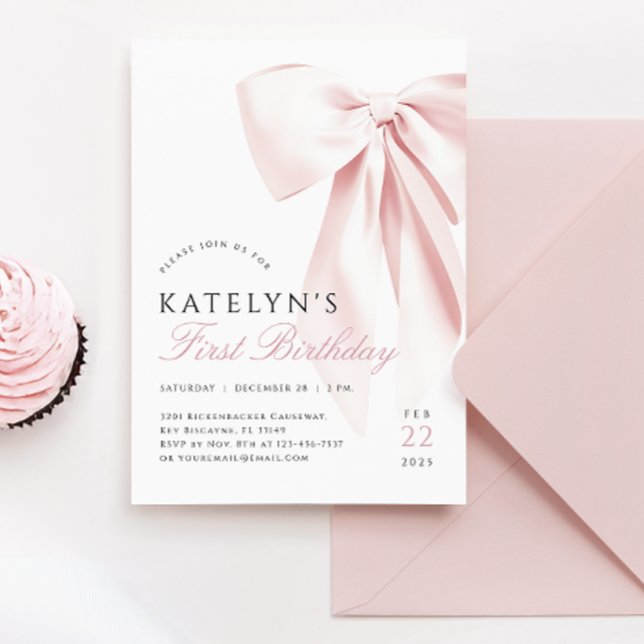 Blush Pink Bow First Birthday Invitation (Creator Uploaded)