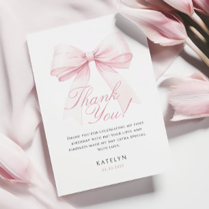 Blush Pink Bow First Birthday Thank You Card