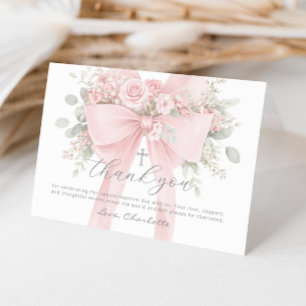 Blush Pink Bow Floral Baby Girl Baptism Thank You Card
