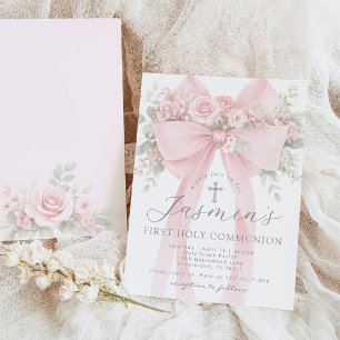 Blush Pink Bow Floral First Holy Communion Invitation
