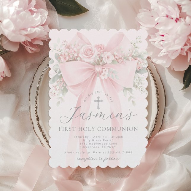 Blush Pink Bow Floral First Holy Communion Invitation (Creator Uploaded)