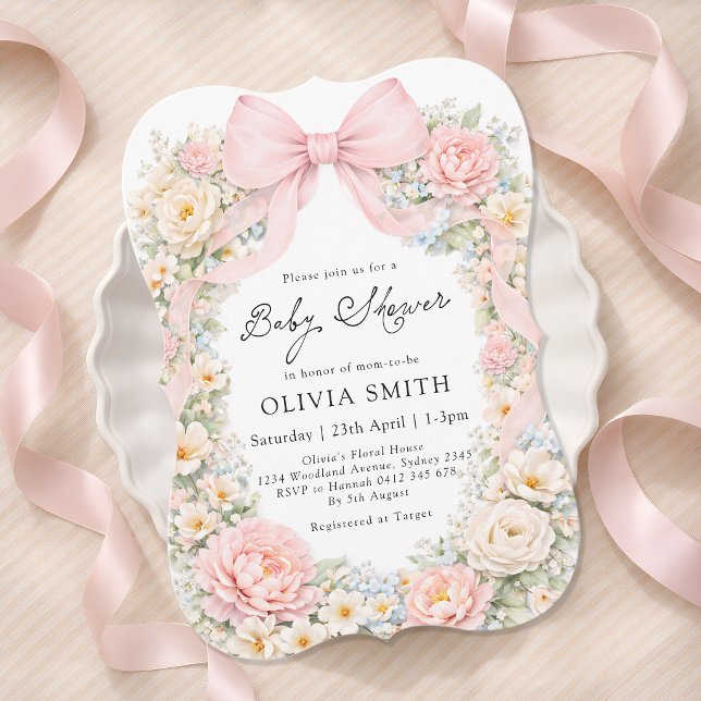 Blush Pink Bow Floral Girl Baby Shower Invitation (Creator Uploaded)