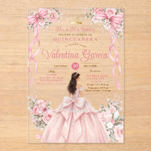 Blush Pink Bow Floral Quinceañera Dress Birthday Acrylic Invitations