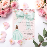 Blush pink bow floral sage green dress Quinceanera