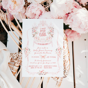 Blush Pink Bow & Floral Sweet Baby Girl Shower Invitation