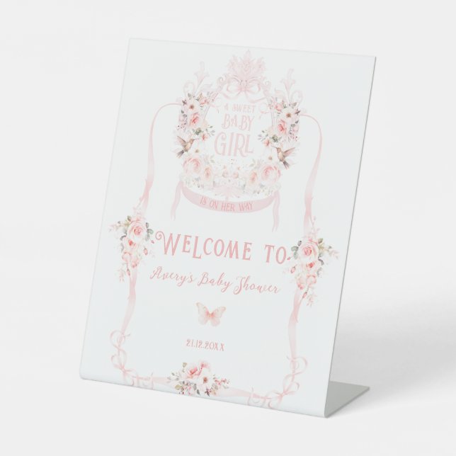 Blush Pink Bow Floral Sweet Baby Girl Shower Pedestal Sign (Front)