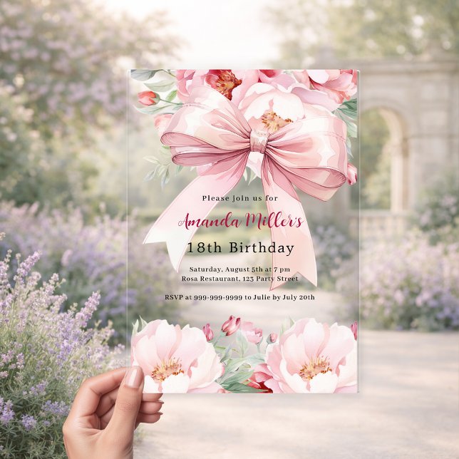 Blush pink bow florals clear birthday acrylic invitations (Creator Uploaded)