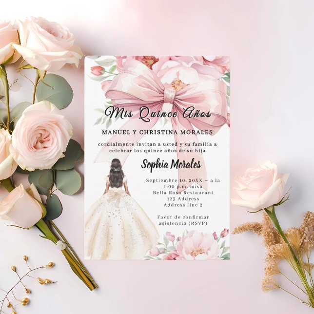 Blush pink bow florals dress Quinceanera Invitation (Creator Uploaded)