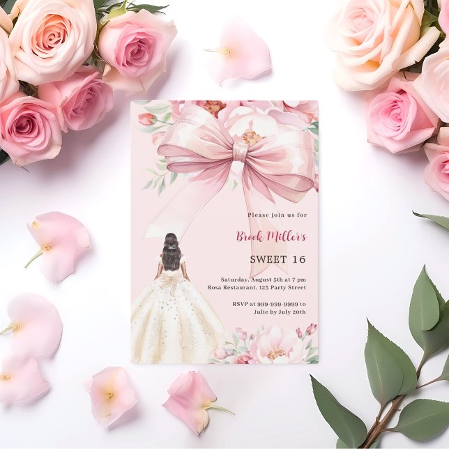 Blush pink bow florals dress Sweet 16 Invitation (Creator Uploaded)