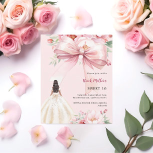 Blush pink bow florals dress Sweet 16 invitation