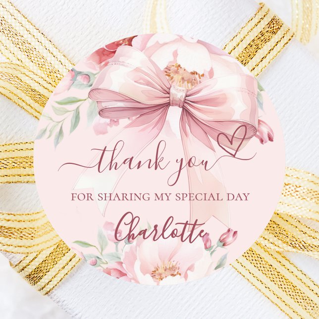 Blush pink bow florals heart thank you classic round sticker (Creator Uploaded)