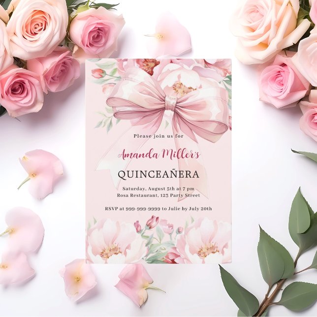 Blush pink bow florals Quinceanera Invitation (Creator Uploaded)