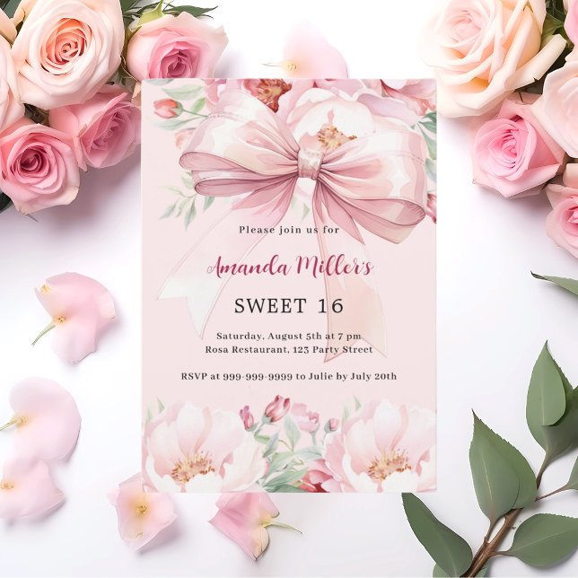 Blush pink bow florals Sweet 16 Invitation (Creator Uploaded)